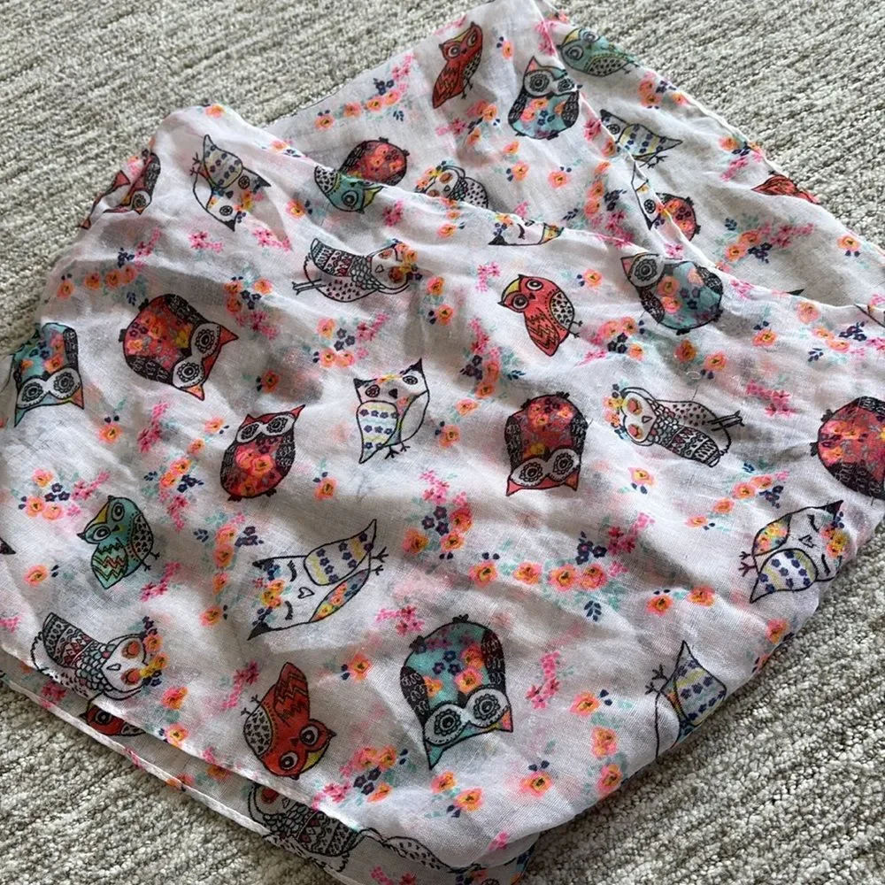Owl Animal Print Sheer Gauze Infinity Scarf White & Neon colorful Whimsical